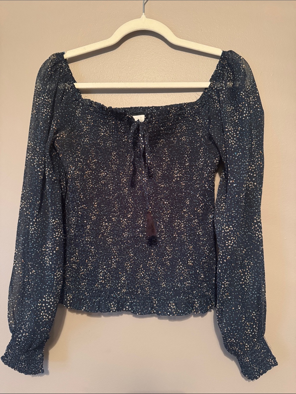Lost + Wander Smocked Black & Blue Long Sleeve Blouse S - Cottage core